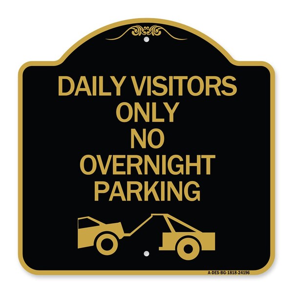 Day Visitors No Overnight Parking W/ Graphic, Black & Gold Aluminum Sign, 18" x 18", BG-1818-24196